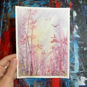 Original Sunset Landscape Painting Art watercolor Birds Decor artwork Artettina